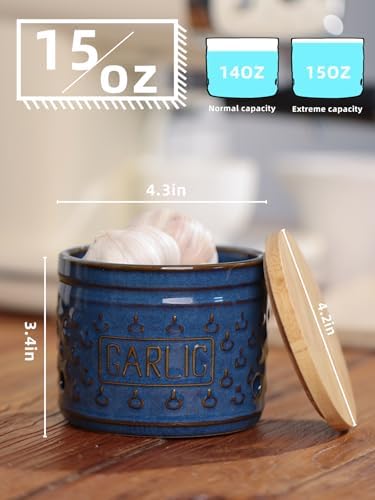 Ceramic Garlic Keeper with Lid, Garlic Holder 4.3-Inch (Vintage Blue)