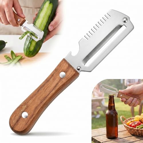 3-in-1 Multifunctional Vegetable Peeler, Curved Stainless Steel Blade Wooden Handle & Built-In Bottle Opener Kitchen Tool for Sugar Cane, Potato, Fruit, Pumpkin, Carrot Veggie Peeler (1PCS)