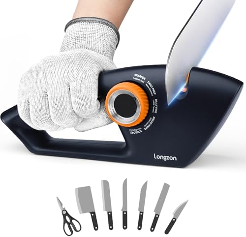Longzon 6-in-1 Knife Sharpener 5 Stage with Cut-Resistant Glove,Navy+Orange
