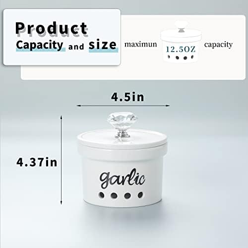 Garlic Keeper with Crystal Lid, 12.5 oz Ceramic Garlic Saver Container for Countertop, Farmhouse Kitchen Decor (Silver)