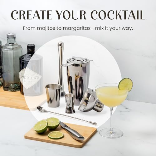 Modern Mixology Pro-Graded Cocktail Shaker Set with Stand | Complete Bartender Kit | 24oz Martini Shaker, Jigger, Strainer, Bar Spoon, Tongs, Opener, Muddler, Home Bar Essentials