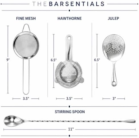 Cocktail Strainer Set Stainless Steel Bar Tools with Stirring Spoon - Hawthorne, Julep, & Fine-Mesh Sifter for Drinks