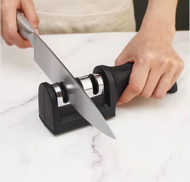 Professional 3-Stage Knife Sharpener with diamond, tungsten steel and ceramic slots. Sharpen kitchen knives, chef knives and scissors easily with this non-slip manual sharpener. (Black)