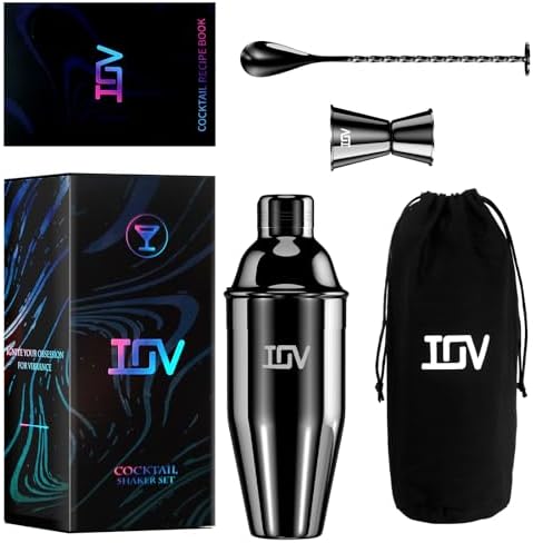 IOV Cocktail Shaker Bar Set, 24oz Martini Shaker with Built-in Strainer, Bar Tool Kit with Recipes Booklet, Professional Stainless Steel Large Bartender Drink Shaker Margarita Alcohol Mixer-Black