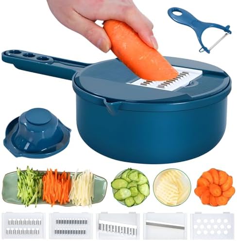 Multifunction mandoline slicer;vegetable chopper;vegetable slicer;food slicer;food chopper;chopper container;onion chopper;mandoline food slicer;vegetable cutter;chopping artifact (blue, 7 in 1)