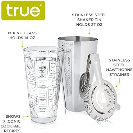 True 3-Piece Barware Set for Mixed Drinks and Cold Brew Cocktails, Includes Cocktail Shaker Tin, Cocktail Mixing Glass with 7 Printed Recipes, and Hawthorne Strainer, Home Bar Tools, Bartender Gifts