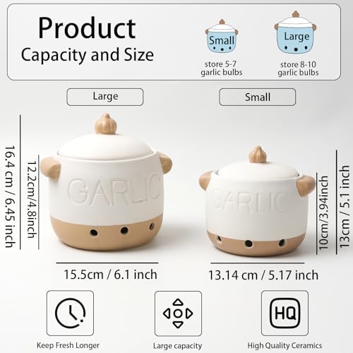 5.1' White Ceramic Garlic Keeper with Lid & Vent Holes for Counter