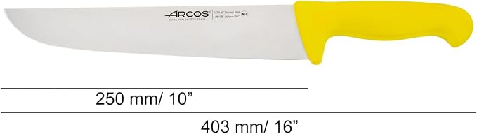 Arcos Butcher Knife 10 Inch Nitrum Stainless Steel and 250 mm blade. Professional Cooking Knife For Cutting Meat, Fish and Vegetables. Ergonomic Polyoxymethylene Handle. Series 2900. Color Yellow