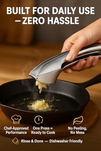 Premium Garlic Press - Easy to Clean Heavy Duty Garlic Presser & Mincer - Durable Garlic Crusher - No Peel Needed - Crush Garlic Effortlessly - Dishwasher Safe