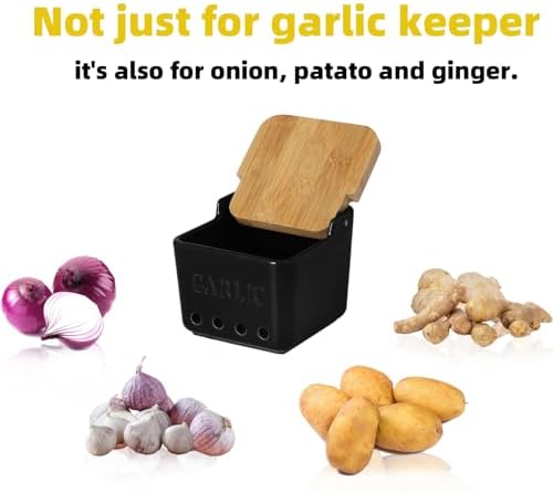 ONTUBE Garlic Keeper with Lid, Ceramic Garlic Holder Storage 4.7-Inch (Black)