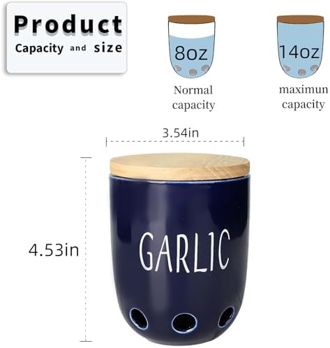 Ceramic Garlic Saver Container with Wood Lid (Navy)