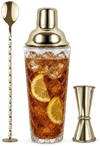 16 Oz Glass Cocktail Shaker Set with Built-in Strainer Crystal Cocktail Shaker with Gold Stainless Steel Lid, Bar Spoon Double Jigger, Drink Shaker for Martini, Margarita Mixed Drinks Home Bar Barware