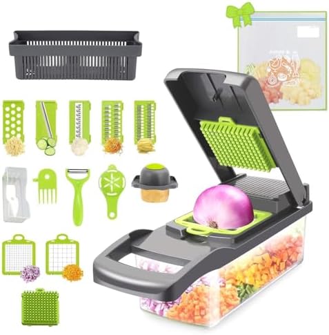 Vegetable Chopper Pro 16 in 1 Manual Mandoline Slicer, Onion Chopper Professional food multifuntional with Stainless Steel Blades and container & Bonus Eco-Friendly Storage Bags
