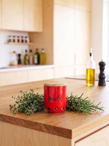 Ceramic Garlic Keeper for Counter with Wood Lid (Red)