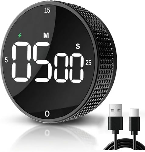 Rechargeable USB-C Digital Kitchen Timer - Magnetic Countdown Countup Visual Pomodoro Timer with Large LED Display, 3-Preset Times, 3 Volume Levels, Ideal for Cooking, Baking and Study