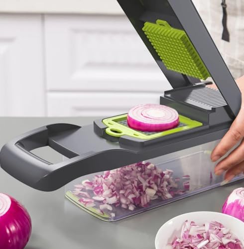 Multifunctional Vegetable Chopper with Container - Mandoline Slicer & Cheese Grater - Onion Chopper & Spiralizer - Kitchen Gadgets with 8 blades Veggie Cutter, Dicer, Mincer & Strainer