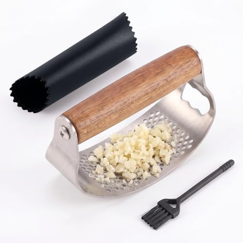 Garlic Press Stainless Steel, 2-in-1 Garlic Press & Bottle Opener with Ergonomic Wooden Handle, Includes Silicone Peeler, Cleaning Brush for Effortless Chopping of Garlic and Ginger