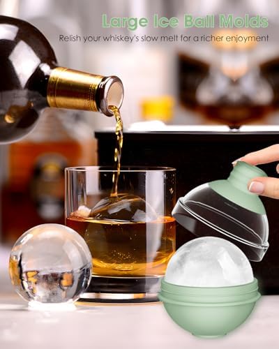 Large Ice Ball Maker Mold Silicone for Whiskey - Set of 4 with 2-in-1 Funnel Lid - 2.4 Inch Big Sphere Ice Mold for Cocktails Bourbon - Easy Release - Perfectly Round Ice Mold (Green)