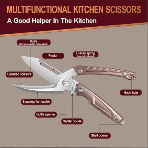 All Purpose Heavy Duty Kitchen Scissors for Food, Detachable Dishwasher Safe Poultry Shears with Spring-Loaded Chicken Bone Cutter (Brown)