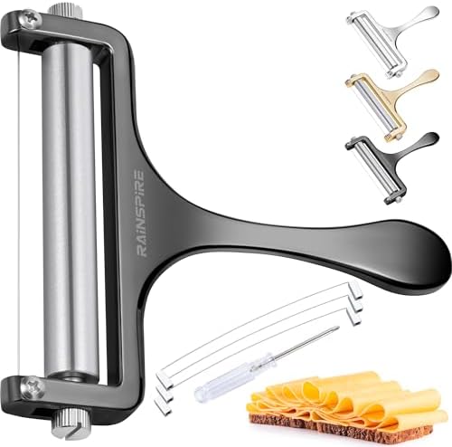 Rainspire Upgraded Cheese Slicer with Replaceable Wires Stainless Steel Cheese Slicers for Block Cheese Adjustable Cheese Cutter for Mozzarella, Cheddar, Gruyere Charcuterie Accessories, Black