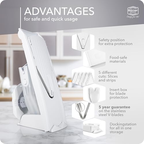 Mandoline Food Slicer Börner V1 (Profi Set) by Reston Lloyd • V-Slicer with 4 Inserts, Docking Station & Food Holder • Made in Germany • Fruit & Vegetable Chopper • Multiple Settings • Color: White