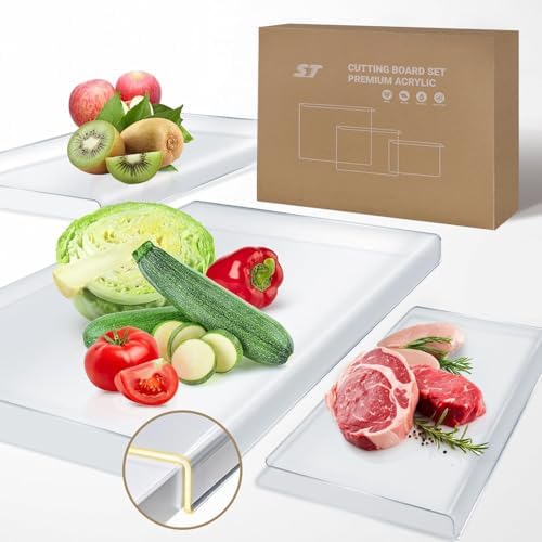 3PCS Acrylic Cutting Board Set with Counter Lip, Small, Large and XL, Clear Cutting Board for Countertop, Non-Slip, Counter Protectors for Kitchen, Use for Vegetable, Meat, Cheese, Fruit, Bread
