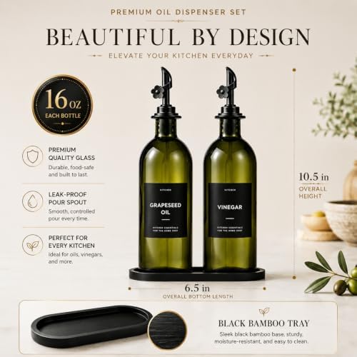 Olive Oil Dispenser for Kitchen, 2-Pack 16oz Glass Bottle with Black Labels