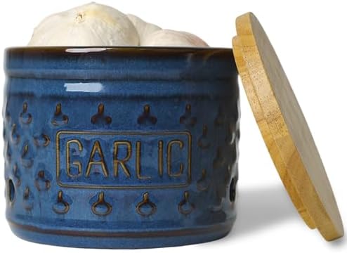 Ceramic Garlic Keeper with Lid, Garlic Holder 4.3-Inch (Vintage Blue)