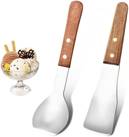 Ice Cream Scoop Ice Cream Shovel Stainless Steel Ice Cream Spade with Comfortable Wood Handle Nonstick and Anti-Freeze Ice Cream Scooper, 2 Pcs