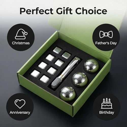 13-Piece Stainless Steel Whiskey Stones Set, 3 Cooling Balls and 8 Cooling Cubes with Tongs and Velvet Pouch