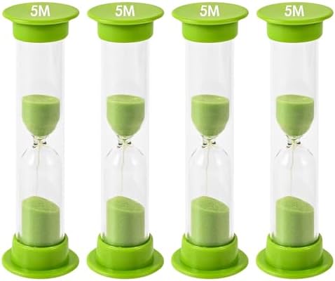 Sand Timer for Kids - 5 Minute Set of 4 Hour Glass - Green Color- Acrylic Covered for Classroom, Home & Kids Room