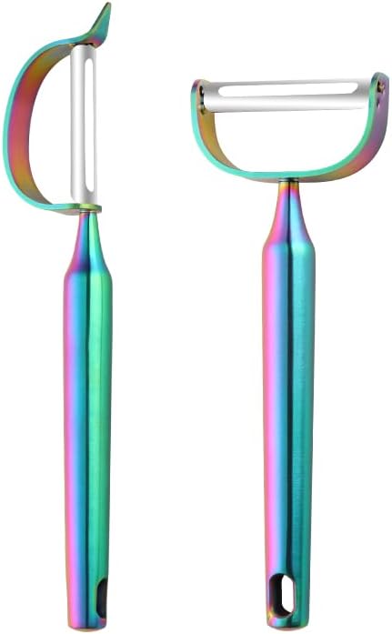 Stainless Steel Vegetable Peeler with Potato Eye Remover & Swiveling Twin Blades, Y Shaped & P Shaped Titan Potato Peeler for Fruit & Veggie, Dishwasher Safe, 2 PCS (Rainbow)