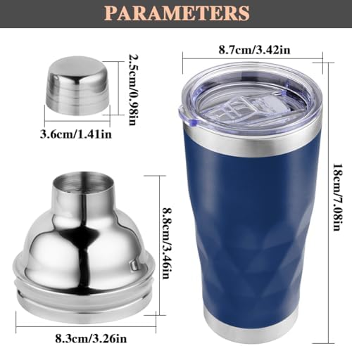 Insulated Cocktail Shaker Blue -20oz Double Wall Vacuum Stainless Steel Martini Shaker with Built-in Strainer, Pro Leak-Proof Weighted Shaker for Home Bar, Premium Bar Gift Set