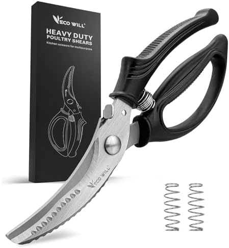Heavy Duty Kitchen Poultry Shears with 2 Springs, Non-Slip Handle & Safety Lock, Dishwasher Safe, Stainless Steel Scissors for Meat, Chicken, Bones, Fish, Vegetables, and More