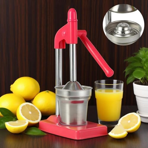 Cast Iron Juicer Hand Press, Manual Juicer Stainless Steel Lemon Squeezer, Heavy Duty Countertop Lime Citrus Crush Machine for Fresh Lemonade Orange Juice, Easy to Clean, Home and Kitchen (Red)