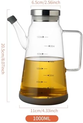 Glass Oil and Vinegar Dispenser with Stainless Steel Lid, No Drip Kitchen 34Oz Liquid Container, Large Cruet (Clear, 1000ml)
