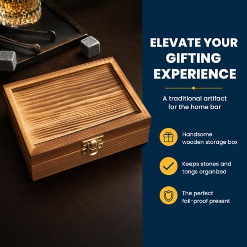 Creative Gifts International Whiskey Stones & Tongs Set | Keepsake Box and Storage Pouch | Reusable Drink Chilling Stones | 9 Stones | Gift Set