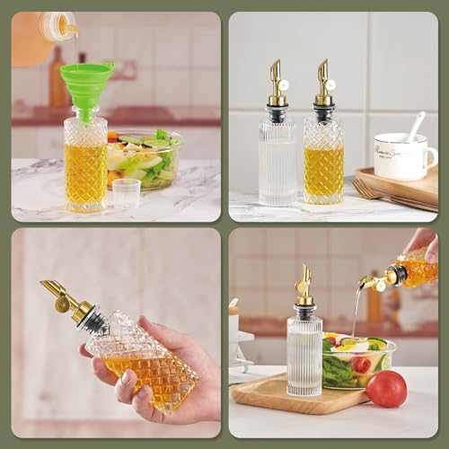 Glass Olive Oil Dispenser Bottle Small, 6.5 Oz/ 200 ml Coffee Simple Syrup Bottles with Black Metal Pour Spout, Funnel, Measuring Cup, Oil and Vinegar Bottle for Kitchen (2 Pack)