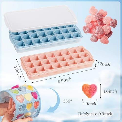 Heart Shape Ice Cube Tray 2PCS Mini Heart Ice Mold Silicone Heart Ice Cube Molds with Lid Mini Heart Ice Cube Tray for Whiskey Cocktail Valentine's Day Cubes Chocolate Candy Jelly Gummy Soap ﻿