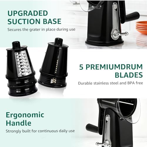 Rotary Cheese Grater Hand Crank - Cheese Shredder with 5 Blades & Strong Suction Base, Mandoline Slicer Vegetable Chopper, Kitchen Gadgets with Storage Box, Black
