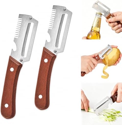 Multifunctional Vegetable Peeler Julienne for Kitchen: Elite and Shredder Gadgets 3-in-1 Stainless Steel Bottle Opener Tool with Wood Handles for Cabbage Carrots Potato Cucumber Veggie(2)