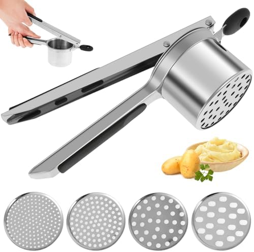 Potato Ricer, Stainless Steel Potato Masher with 4 Removable Discs, Manual Food Masher with Non Slip Long Handle, 15oz Kitchen Fruit and Vegetables Press 12.99×4.7 Inch Food Ricer for Home Kitchen