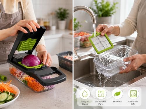 14-in-1 Vegetable Chopper Slicer & Dicer - Manual Food Chopper with Stainless Steel Blades, 1.2L Container for Kitchen, Onion Cutter, Veggie Slicer, Hand Operated, White