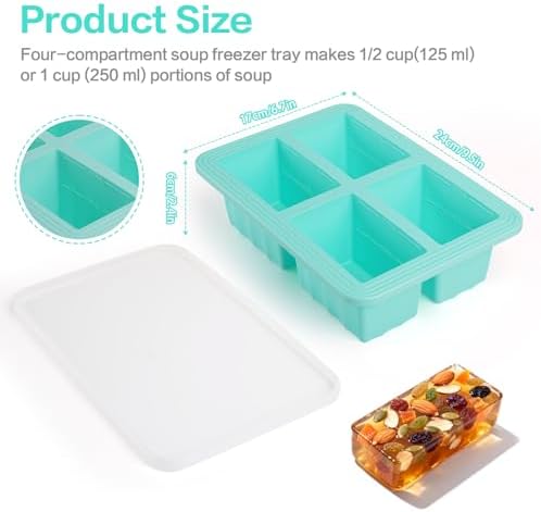2 Pack Silicone Soup Freezer Molds with Lids, 1 Cup Silicone Freezing Soup Container, Ice Cube Trays for Freezer, Freeze Broth,Sauce,Leftovers, 250mL /125mL Portions, Green