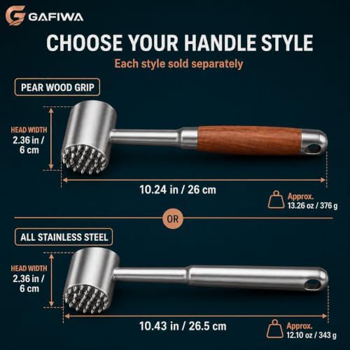Stainless Steel Meat Tenderizer Tool, Heavy Duty Meat Mallet Hammer with Ergonomic Non-Slip Handle, Dual-Sided Meat Pounder for Steak, Chicken, Pork, Beef, Dishwasher Safe Kitchen Tool. (Wood Handle)