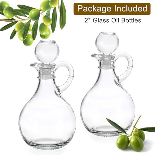 BSTKEY Set of 2 Olive Oil Dispenser Bottle with Stopper, 310ml Round Glass Cruet Bottles Dispenser for Kitchen, Salad Dressing Bottles, Cruets for Vinegar and Oil
