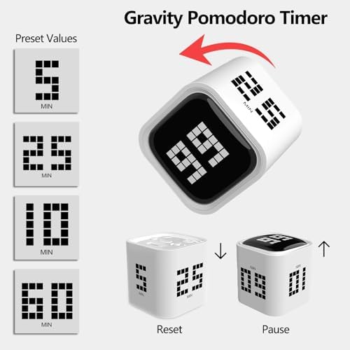 Rotating Focus Timer, 5/25/10/60-Minute Pomodoro Timer, Desk Flip Countdown with Vibration & Volume Control, ADHD-Friendly Tool for Office, Study, and Kitchen (White)