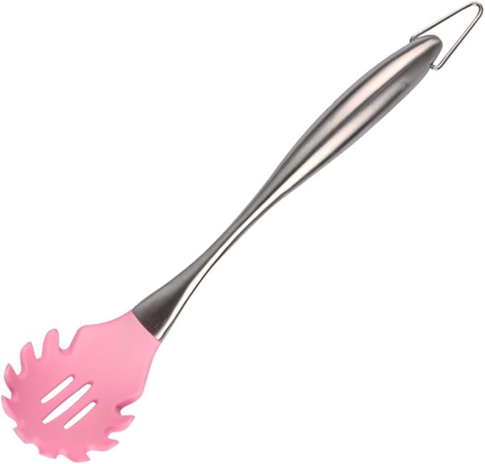 Stainless Steel Handle Silicone Slotted Spaghetti Spoon Non Stick Cooking Utensil for Home and Restaurant Use Pasta Server Kitchen Tool