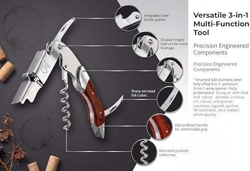 Professional Waiter Corkscrew Wine Key for Bartenders Set of 3,With Long Rosewood Handle Stainless Steel Handle Wine Opener for Bar Restaurant Waiters, Sommelier, Bartend (Rose Wood 3 Packs)