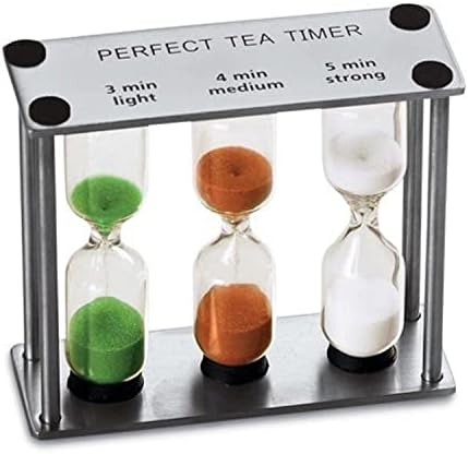 Lily's Home 3.75" Tall 3-in-1 Perfect Tea Timer, Includes 3, 4, and 5 Minute Sand Hourglass Timers, Use for Making Tea or Keeping Time Around The Kitchen, Brushed Stainless Steel Frame